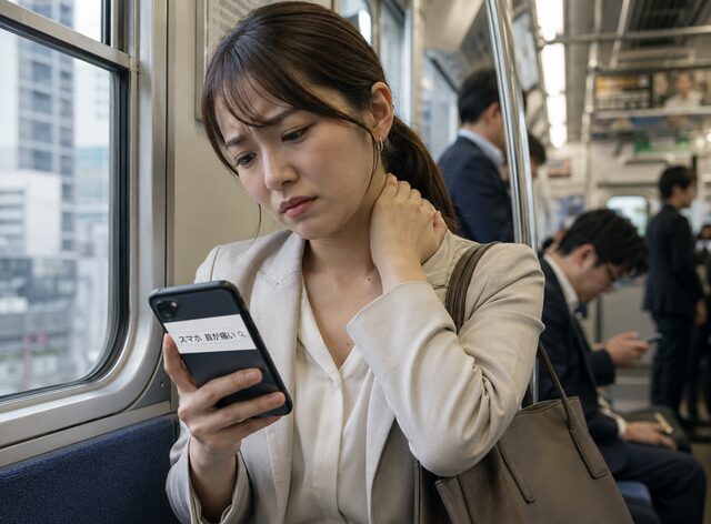通勤中スマホで首が痛い